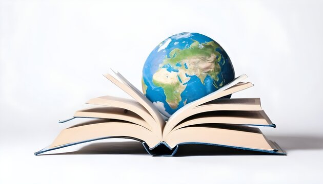 open book over the Planet on isolated white background, Mental Health Day concept, books pile and globe,World literature concept, Knowledge information, earth day concept, created with generative ai