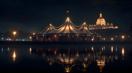 Fototapeta premium Night circus tent reflection water landmark