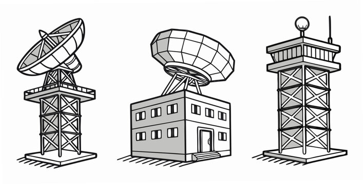 Illustration of three anti-missile radar station icons, including satellite dishes and towers for defense systems.