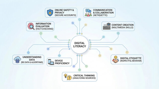 Digital literacy concept diagram covering online safety privacy communication collaboration information evaluation content creation critical thinking device proficiency and digital etiquette