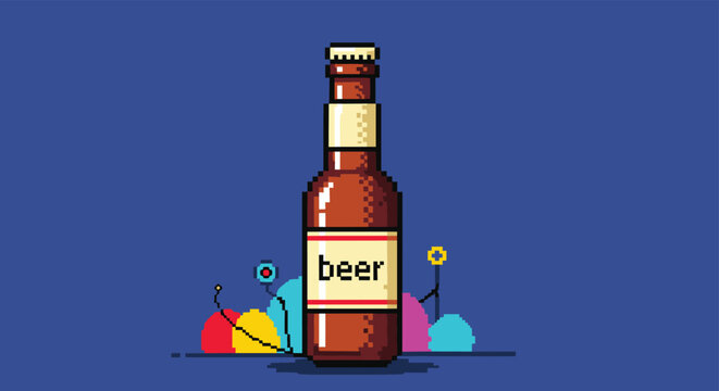 Retro pixel art bottle of beer with a white label and cap surrounded by colorful abstract shapes on a dark blue background.