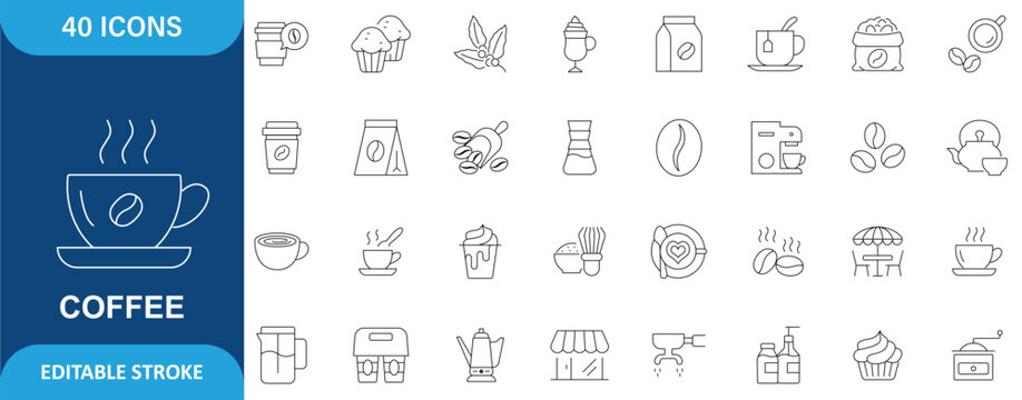 coffee icon set. coffee, mug, coffee cup, coffee machine, coffee beans, and etc. Editable stroke. Vector illustration.