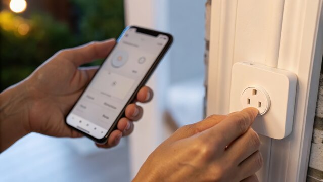 A person uses a smartphone app to control a smart plug connected to an electrical outlet indoors.