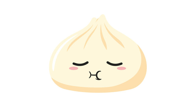 Adorable dumpling food character with closed eyes and blushing cheeks making a funny pouting expression on white background.