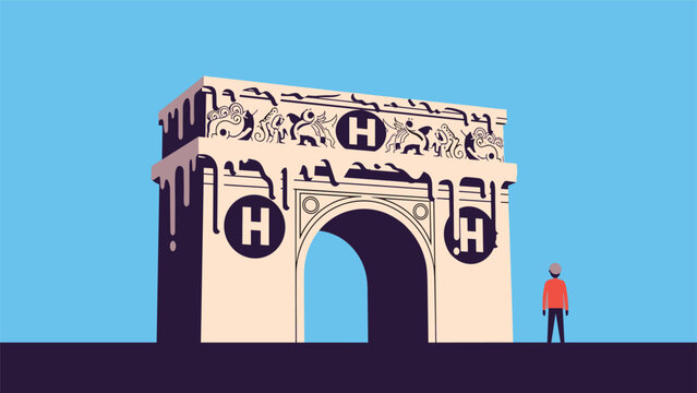 Conceptual illustration of Arc de Triomphe monument with melting dark substance and logo against a blue sky with a small person.