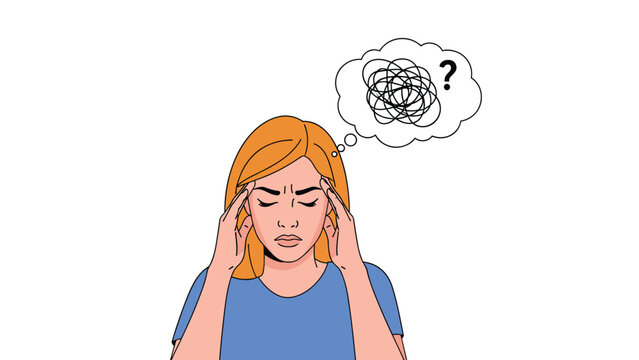 Illustration of a woman touching her temples with a pained expression and a thought bubble filled with tangled lines and a question mark.