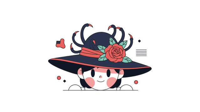 Adorable illustration of a young girl wearing a witch hat decorated with a red rose and spider legs peeking from below.