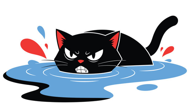 Angry black cat swims in blue water with red and blue splashes, funny cartoon character showing feline frustration during a bath.