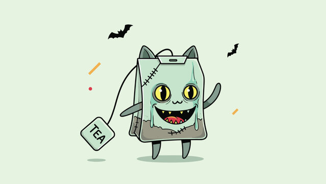 Spooky green tea bag monster character has a feline face and bat wings, creating a unique Halloween themed illustration on a light background.