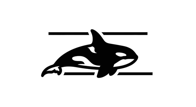 Stylized monochrome killer whale icon swimming between parallel lines, representing marine wildlife