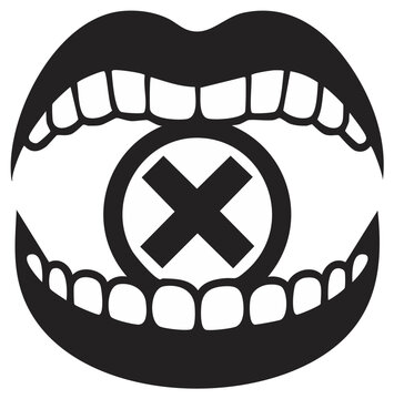 Black and white graphic illustration of open mouth with teeth and an X mark inside a circle