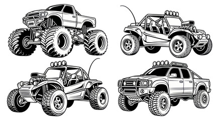 Set of four off-road vehicles: monster truck, dune buggy, and two custom trucks © heru