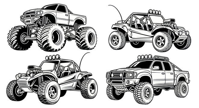 Set of four off-road vehicles: monster truck, dune buggy, and two custom trucks