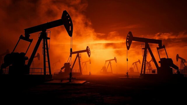 Silhouettes of oil pumpjacks at sunset with dramatic orange sky and industrial landscape