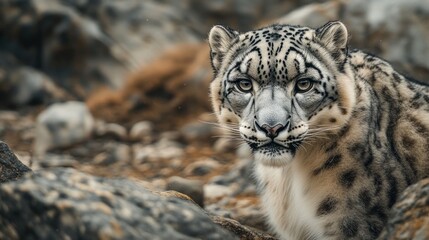 Obraz premium A snow leopard on rocky terrain generative ai