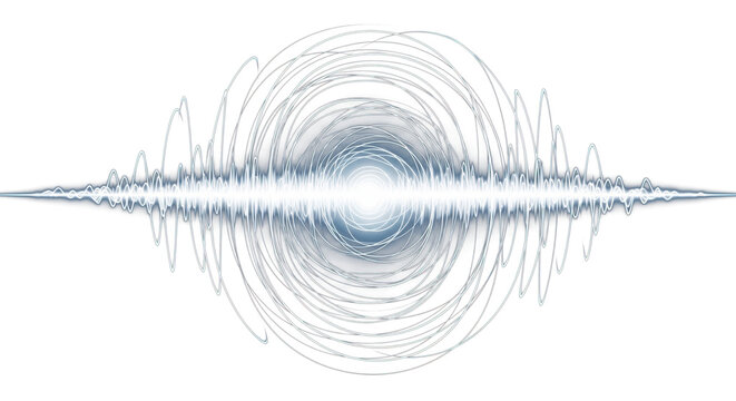 White glowing signal waves or sound wave with ripple motion and dynamic curved lines creating a radiant pulse vortex effect and audio visualization on transparent backgroundon black background