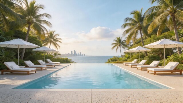 Luxury poolside with palm trees and city view