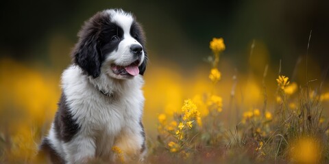 Obraz premium Saint Bernard Puppy in Wildflowers: A charming Saint Bernard puppy, with its distinctive black and white markings, sits attentively amidst a field of vibrant yellow wildflowers.