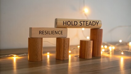 Obraz premium Inspirational wooden blocks with words resilience and hold steady on a table with fairy lights glowing in the background