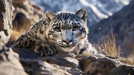 Fototapeta premium A snow leopard on rocky terrain generative ai