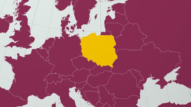 Poland map. Animated zoom into the country on the Globe in Pale Mint Dark Pink color palette. Country logo animation with round text and airplanes. Map with meridians, parallels. Amazing video.