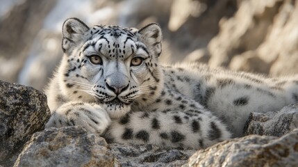 Fototapeta premium A snow leopard on rocky terrain generative ai