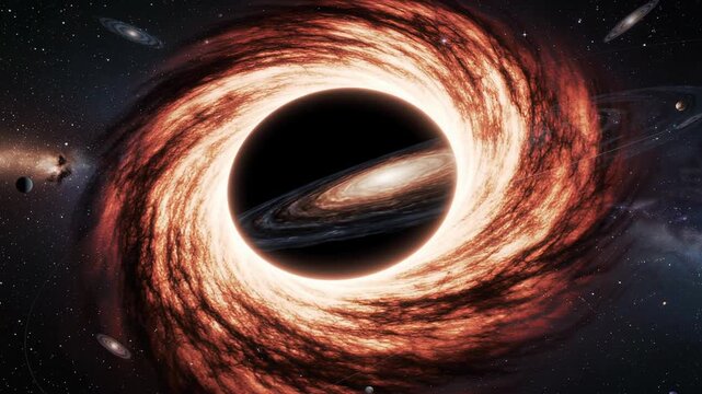 Stunning cosmic view of a glowing black hole with swirling fiery accretion disk and distant galaxies in deep space