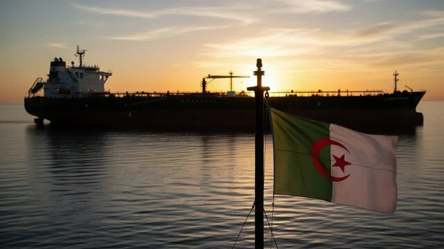 National flag on offshore oil tanker ship at sea for petroleum export logistics at sunset