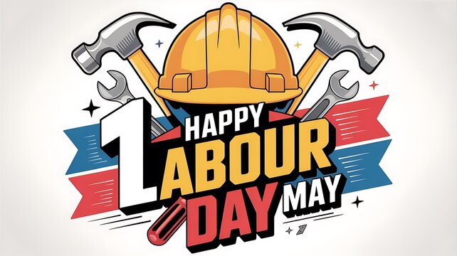 Happy labour day may graphic with tools and hard hat