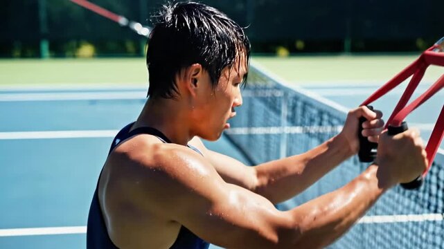 A muscular man exercises with resistance bands on a tennis court