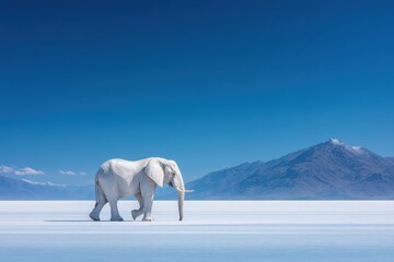Fototapeta premium Majestic White Elephant on Salar de Uyuni: A rare white elephant walks across the vast, pristine expanse of the Salar de Uyuni salt flats under a clear blue sky.