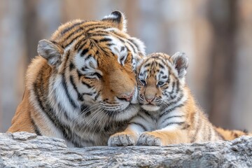 Fototapeta premium Tiger Mother's Embrace: A tender moment captured as a majestic tiger mother nuzzles her adorable cub, showcasing the powerful bond and gentle affection within the wild.