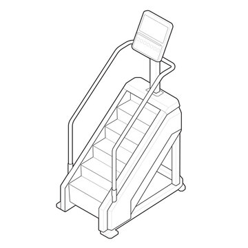 Isometric commercial stepmill revolving stair machine architectural line art.