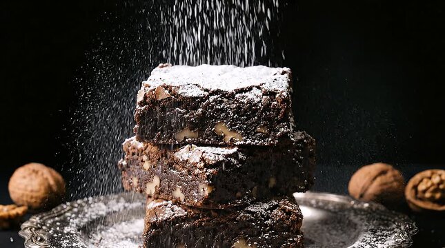 Powdered Sugar Falling on Stack of Chocolate Walnut Brownies on Silver Platter