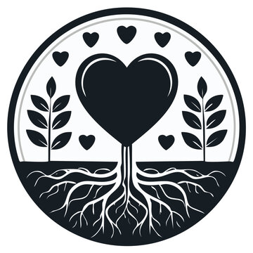 Heart-Shaped Tree with Roots and Leaves in Circle Emblem. Love and Growth Concept. Symbol of Life and Connection