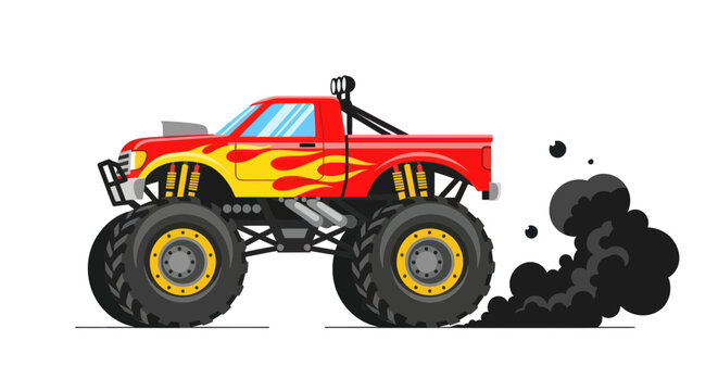 Monster Truck with Flames and Black Smoke