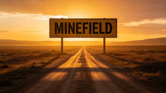 Signboard warning of a minefield in a desert landscape at sunset