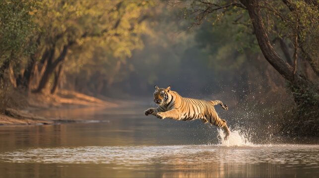 Tiger's Aquatic Leap: A majestic tiger bounds powerfully through a serene river, the water splashing as it moves. The surrounding scenery forms a gorgeous nature scene.