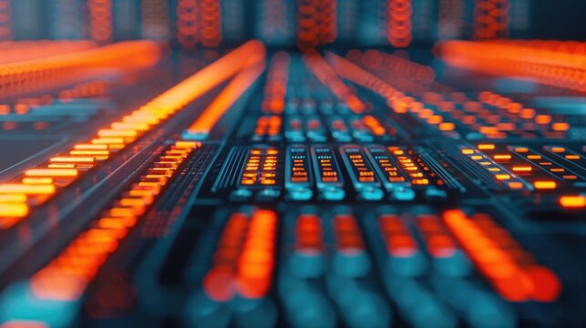 Detailed view of abstract glowing digital circuit pathways illuminated by vibrant orange and electric blue lights evoking themes of advanced technology data processing and interconnected systems