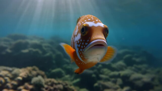 Vibrant orange fish with white spots swimming underwater near coral reef.