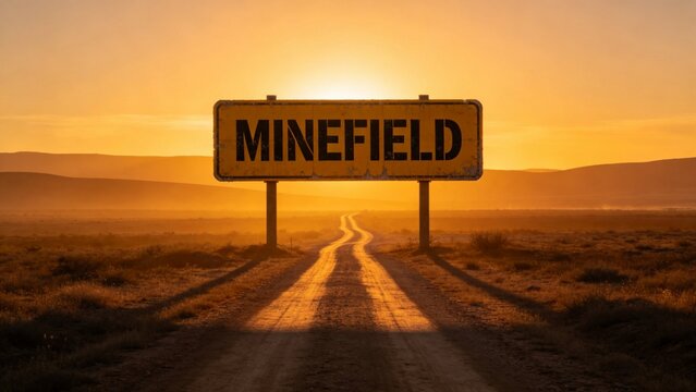Signboard warning of a minefield in a desert landscape at sunset