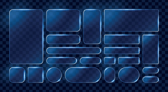 Glassmorphism shapes set, transparent glass figures, blue digital background, UI elements