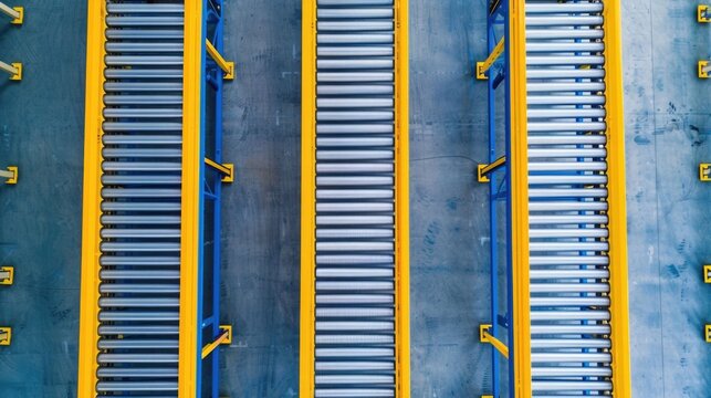 Overhead perspective of parallel conveyor belt lines with silver rollers and vibrant yellow and blue structural supports indicative of an automated logistics or manufacturing facility