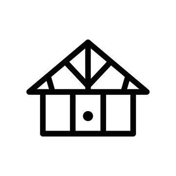 A simple house icon with a triangular roof and a circular doorknob