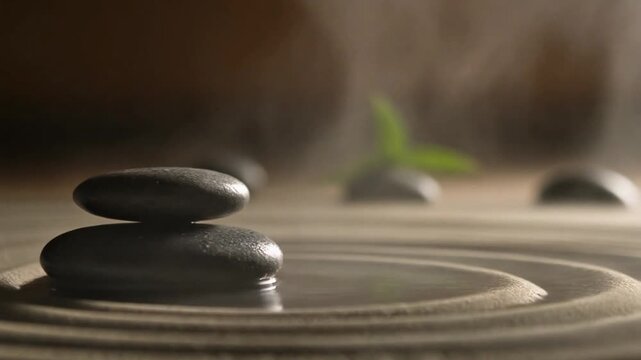 Close-up of stacked zen stones in rippling sand with a green leaf in the background, conveying a peaceful mood.