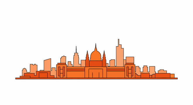 City skyline with tall buildings.