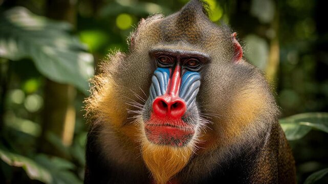 Close up portrait of a colorful mandrill monkey in natural forest habitat showcasing vibrant facial features