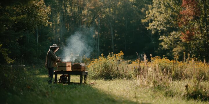 Harmony with Honeybees: A dedicated apiarist, immersed in a lush natural environment, meticulously tends to the thriving bee colony, fostering a harmonious symbiosis between nature and human endeavor.