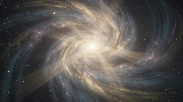 Bright spiral galaxy with glowing core and swirling stars in deep space cosmic background