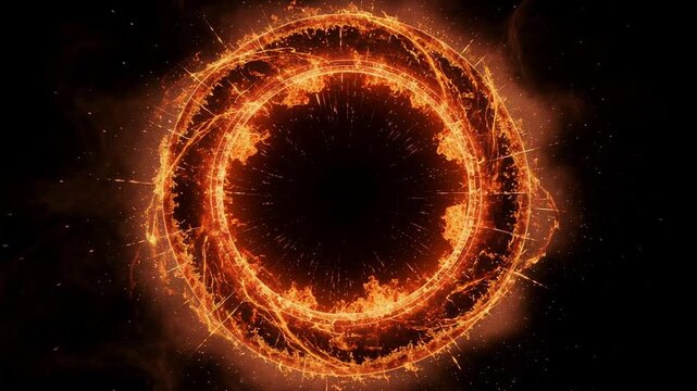 Fiery glowing ring with sparks and flames on dark background vibrant energy circle effect